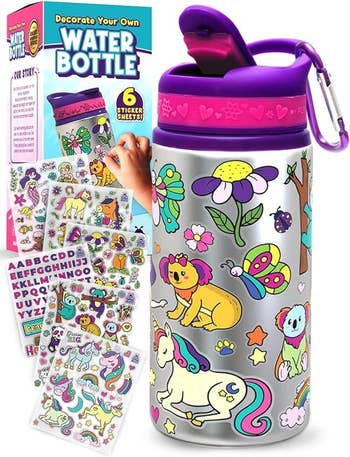 A close-up of one of the kits showing the water bottle and included stickers