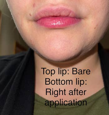 Close-up of a person's lips comparing lip gloss application on the bottom lip only