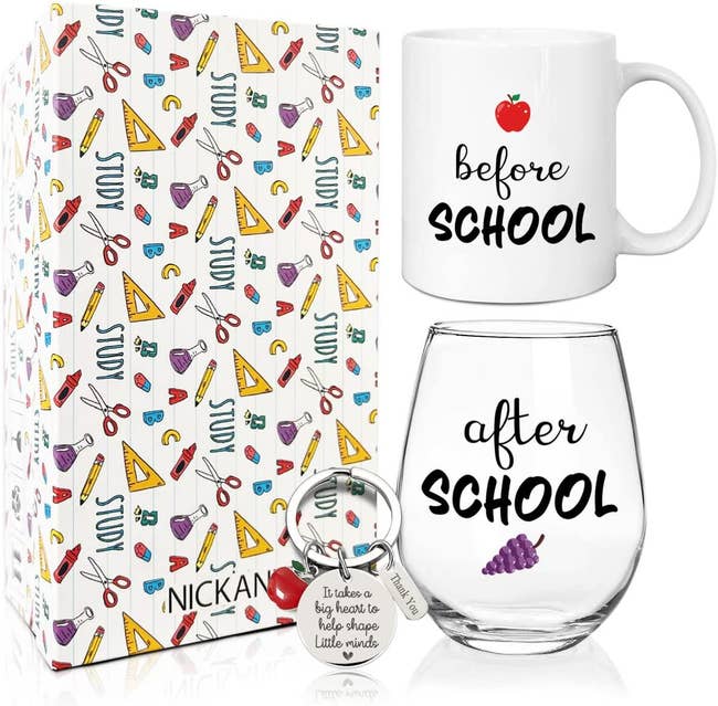 a white mug with a red apple on it that says before school, a wine glass with purple grapes on it that says 