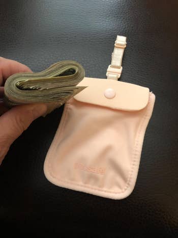 the pink pouch next to reviewer's wad of cash