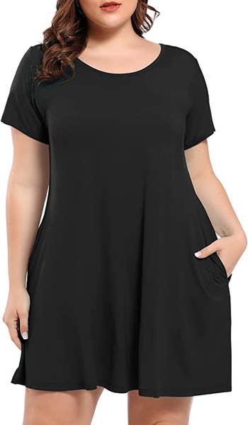 model in black t-shirt dress