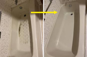 Before-and-after photograph of a bathtub with no-slip mat. The near shows damage; the close shows a recently restored, cleanable surface