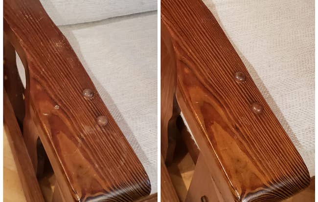 Reviewer image of stained wood without use of polish and wood with use of polish with no water ring