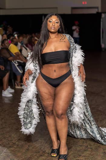 Reviewer wearing achromatic  seamless thong connected  runway