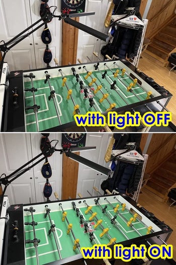 reviewer split image showing a foosball table with an LED lamp turned off over it, then turned on over it, eliminating shadows on the table