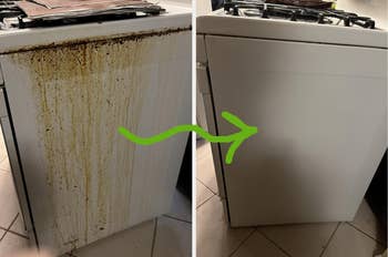  Left shows a greasy oven door; close    shows the aforesaid  doorway  cleaned and spotless. Green arrow points right