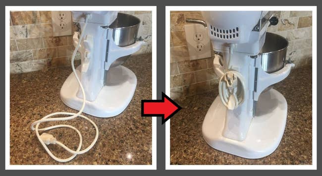 on the left, a stand mixer with the cord organizer attached and the cord hung loose and, on the right, the cord wrapped neatly around the attached cord organizer 