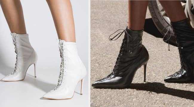 Two images of models wearing white and black booties