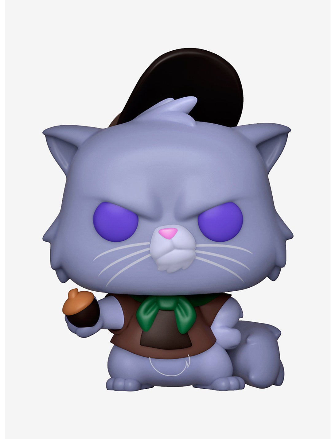 figure of angry purple cat in scout uniform holding an acorn