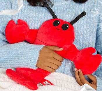 Person holding a plush red lobster toy while wearing a soft, knitted sweater