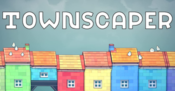 an illustration of brightly colored buildings and text reading 