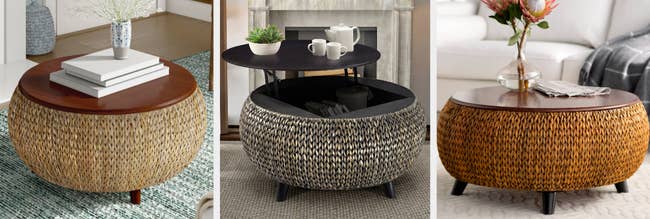 Three images of the coffee table with storage in light brown, black, and dark brown