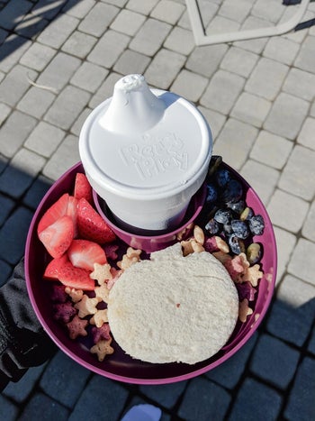 reviewer's top-down photo of their tray showing all the food it can hold: lots of fruit, a sandwich, and a sippie cup