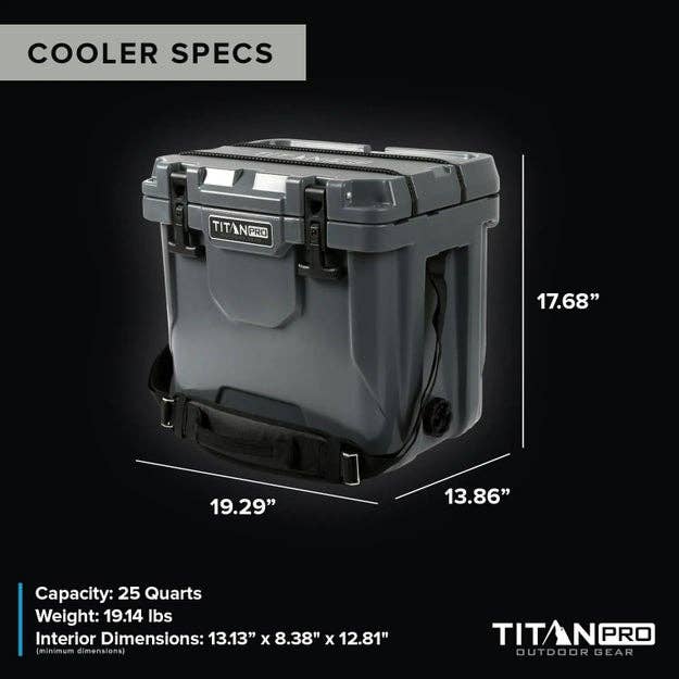 TitanPro cooler with 25-quart capacity, dimensions 19.29