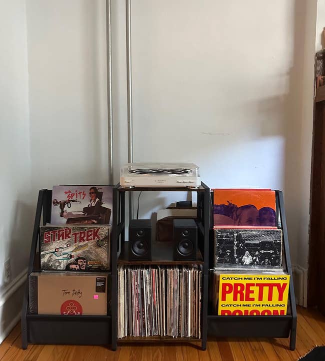 Record show  with vinyl albums including Tom Petty, Star Trek, and Cat Power. Central support  holds a turntable and speakers. Article focuses connected  euphony  shopping