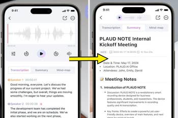 Two smartphone screens showing a transcription app with meeting details and notes for