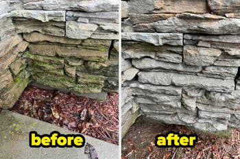 Before and after images showing stone cleaned using a pressure washer