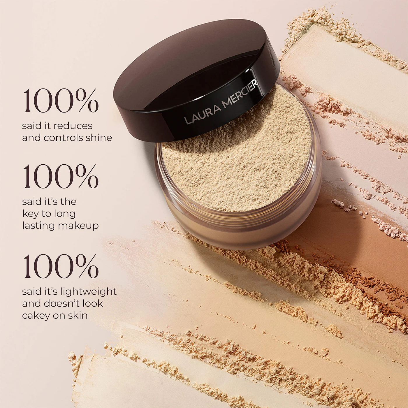 Open jar of Laura Mercier translucent pulverization  with scattered pulverization  inheritance  and testimonials claiming it controls shine, lasts long, and feels lightweight