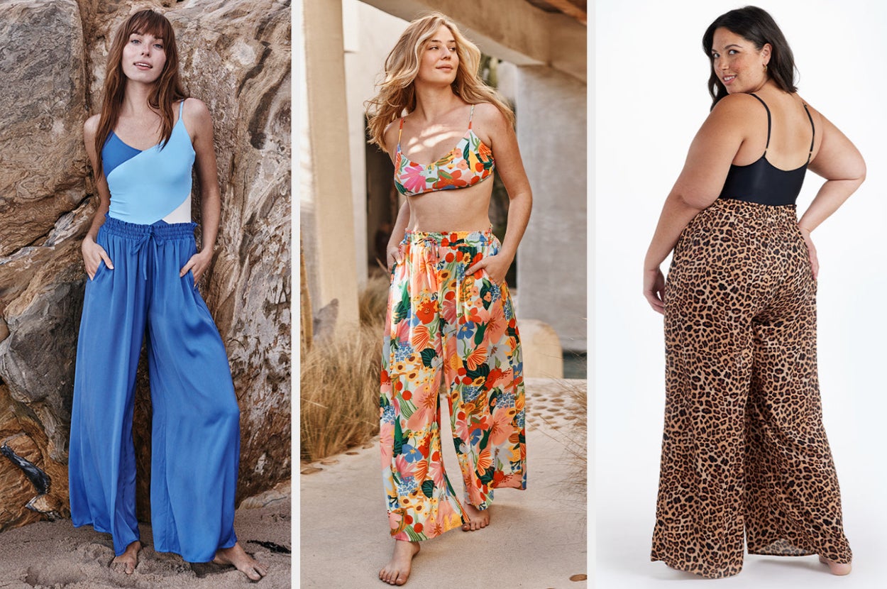 Three images of models wearing blue, multicolored, and cheetah print pants
