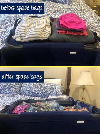 before/after of clothes that have been sealed and packed in a suitcase
