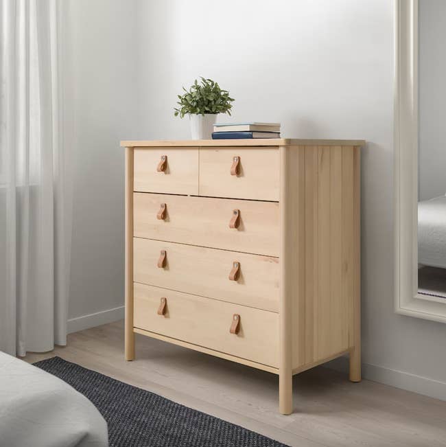 five-drawer birch dresser with leather pulls