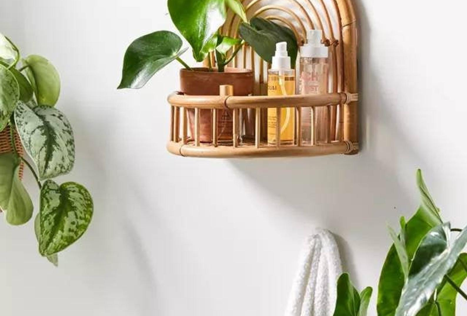 Curved rattan shelf with matching rattan headboard