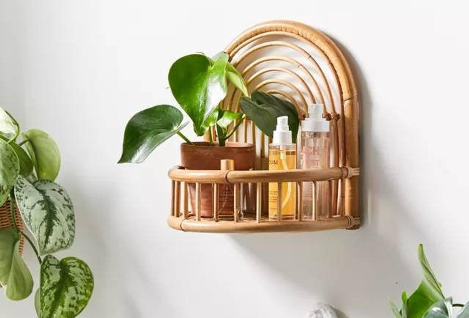Curved rattan shelf with matching rattan headboard