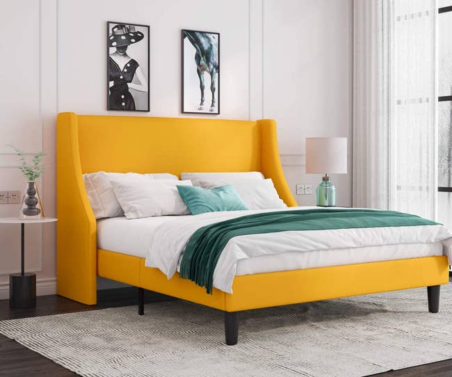 yellow bed frame with headboard 