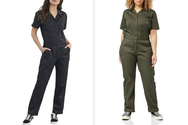 two models: one in the black jumpsuit and one in the green