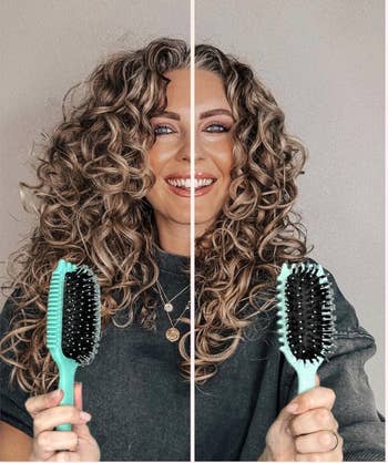 Model with curly hairsbreadth  holds 2  types of hairbrushes, highlighting their effects connected  hairsbreadth  measurement   and texture