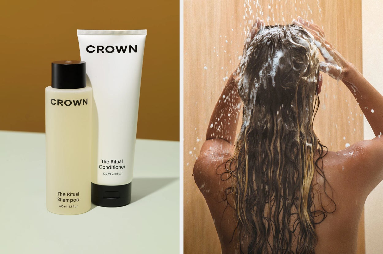 Yellow, white, and black bottles of shampoo and conditioner on a green table, model lathering and washing hair with product in shower