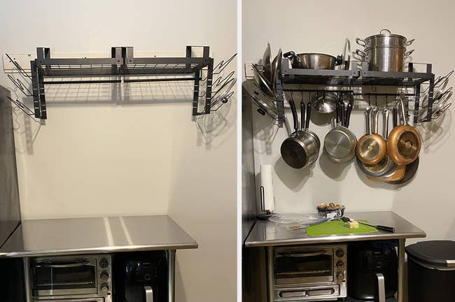 Reviewer image of pot and pan organizer mounted to the wall with nothing on it, product with pots, pans, and lids on shelves and hooks