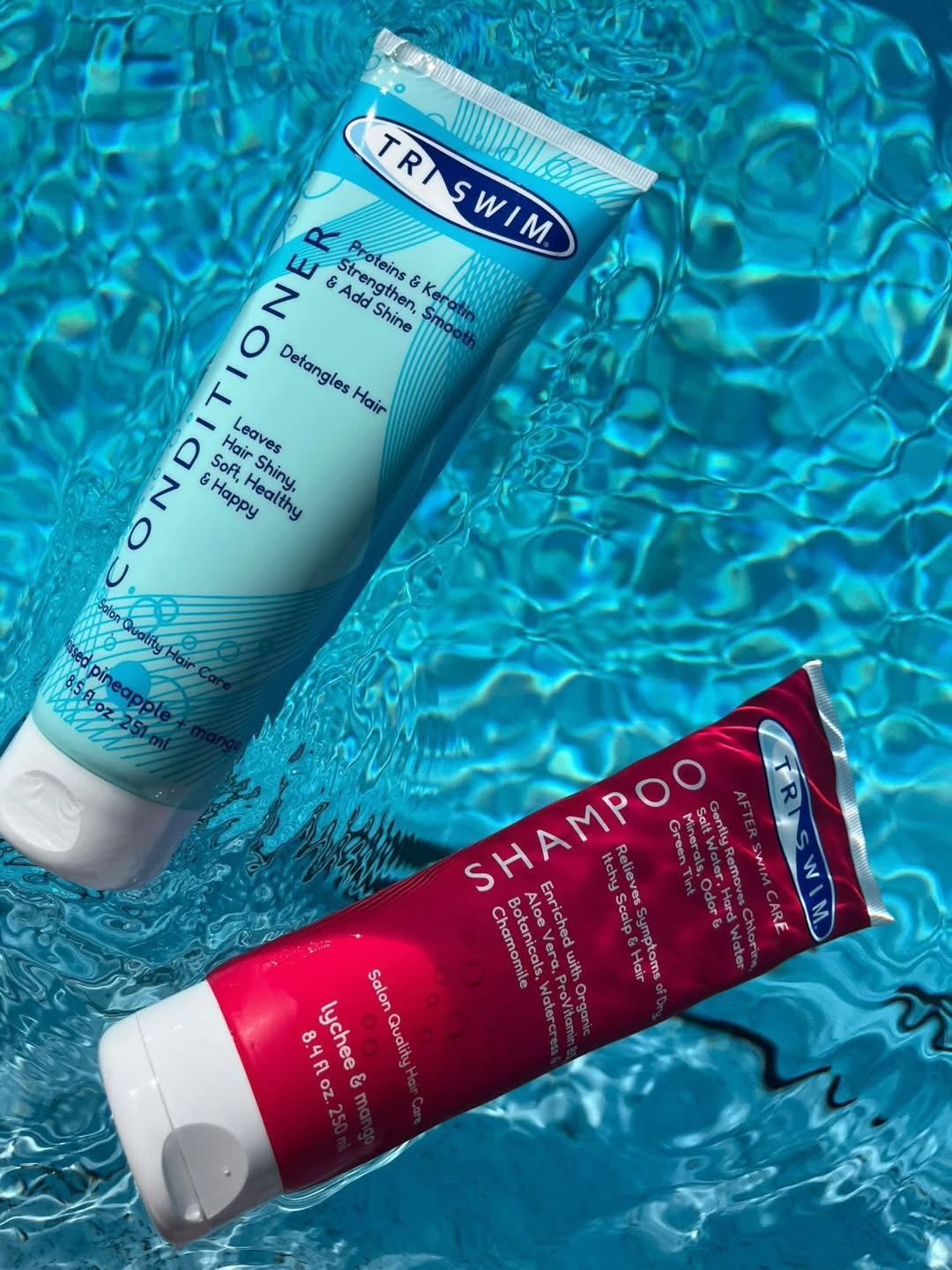 TriSwim conditioner tube against a watery background; promotes shiny, healthy hair with proteins, keratin, and light pineapple scent