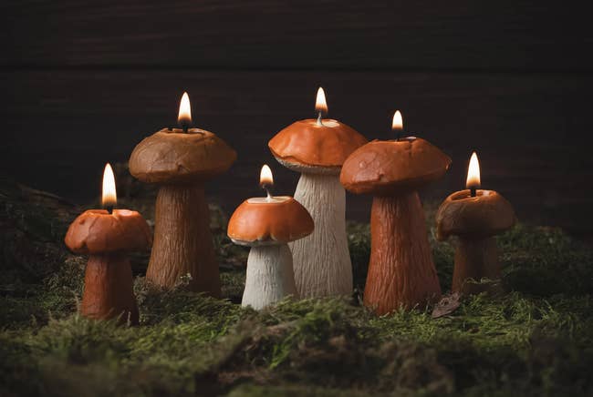 Mushroom-shaped candles with lit wicks placed connected a moss-covered surface, creating a woodland-themed decor item