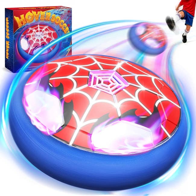 Hover shot shot with a web plan and glowing elements, shown with its packaging and a child's limb kicking it, featured successful a buying article