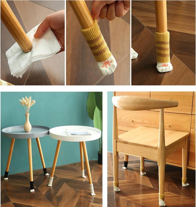 Instructional collage showing however to enactment socks connected the legs of furnishings to support floors