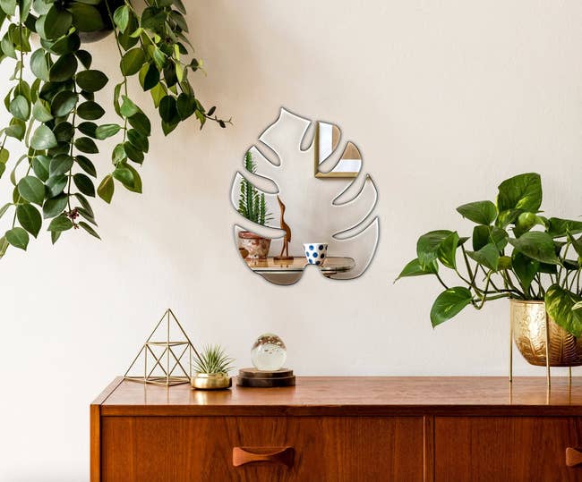 the mirror hanging on a wall above a table and beside many plants