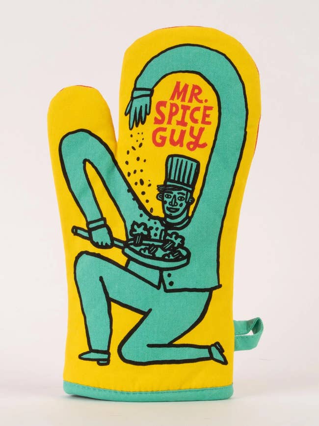 Oven mitt with a whimsical illustration of a cook labeled