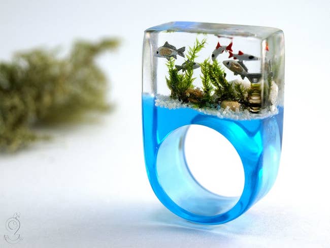 chunky blue ring with clear rectangular top that looks like it has a whole aquarium of fish suspended in it