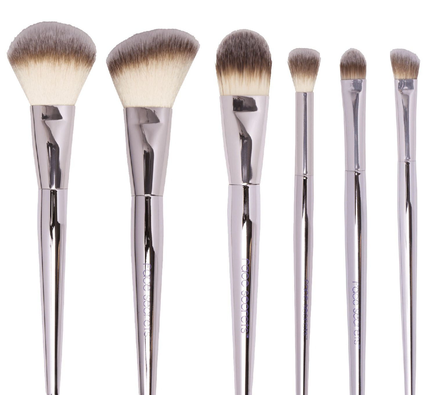 six different-sized makeup brushes with silver handles 