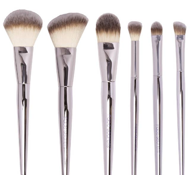 six different-sized makeup brushes with silver handles 