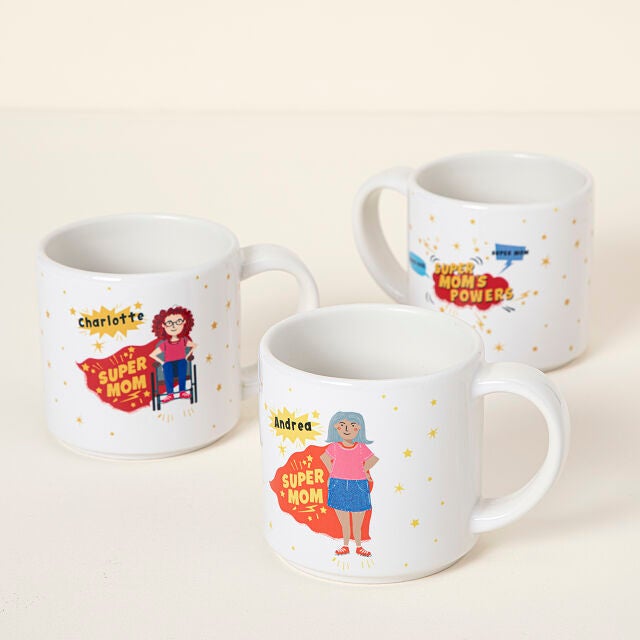 three super mom mugs with different personalizations 