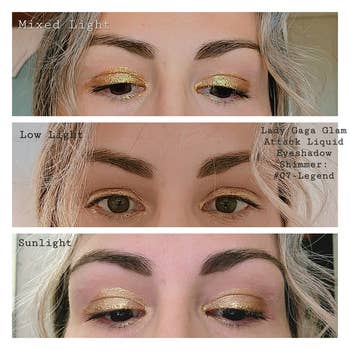 reviewer showing how the gold shimmer shade Legend looks in different lighting