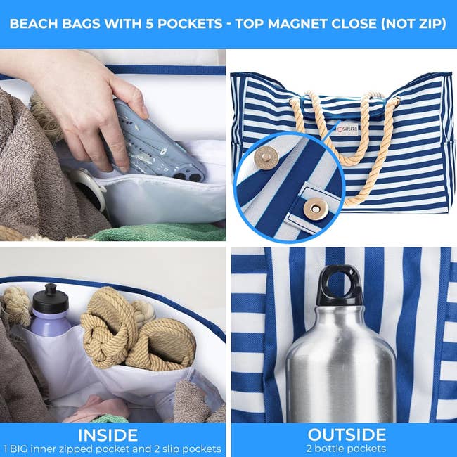 A collage of a striped beach bag's inside with pockets carrying items and its outside showing a water bottle pocket