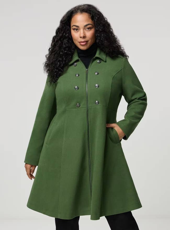 Model successful  a knee-length, double-breasted overgarment  with a fitted waist, suitable for chill  weather