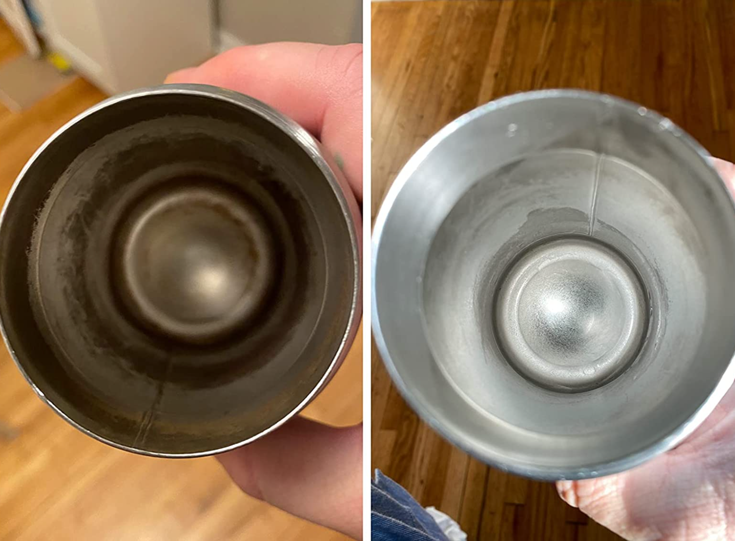 on the left, the inside of a reviewer's water bottle looking rusty and dirty and on the right, the same water bottle now looking shiny and clean