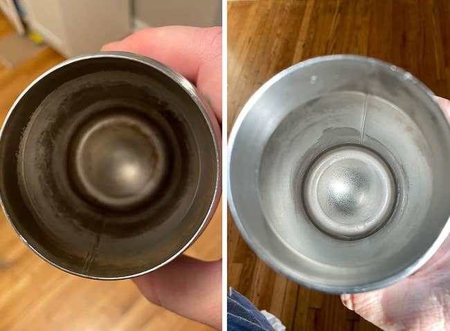 on the left, the inside of a reviewer's water bottle looking rusty and dirty and on the right, the same water bottle now looking shiny and clean
