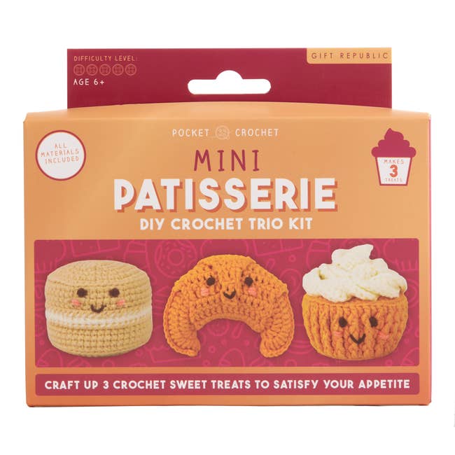 Mini Patisserie DIY Crochet Trio Kit container  with smiling crochet pastries; includes materials for ages 6+