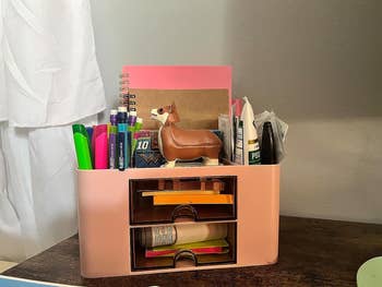 Reviewer photo of the pink organizer with two drawers