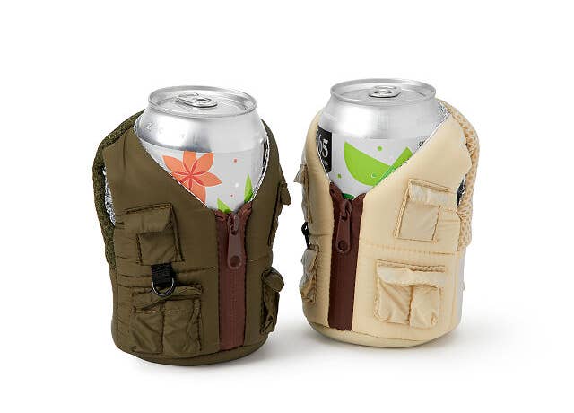 two cans with an olive green and khaki vest koozy